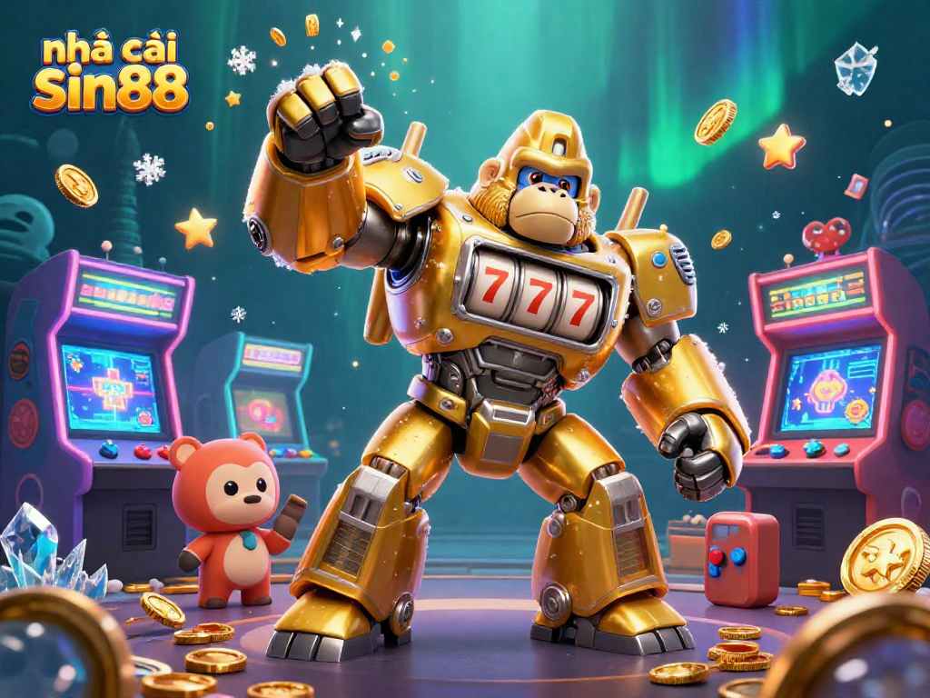 Engage with nhà cái sin88 in a dynamic casino-themed 3D illustration featuring a golden gorilla mech.