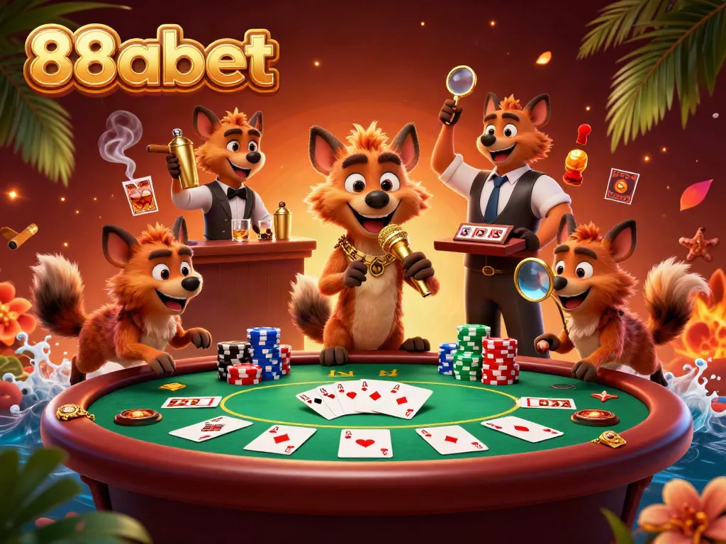 Hyenas in a vibrant casino scene, promoting 88abet with poker elements and a comedic touch.