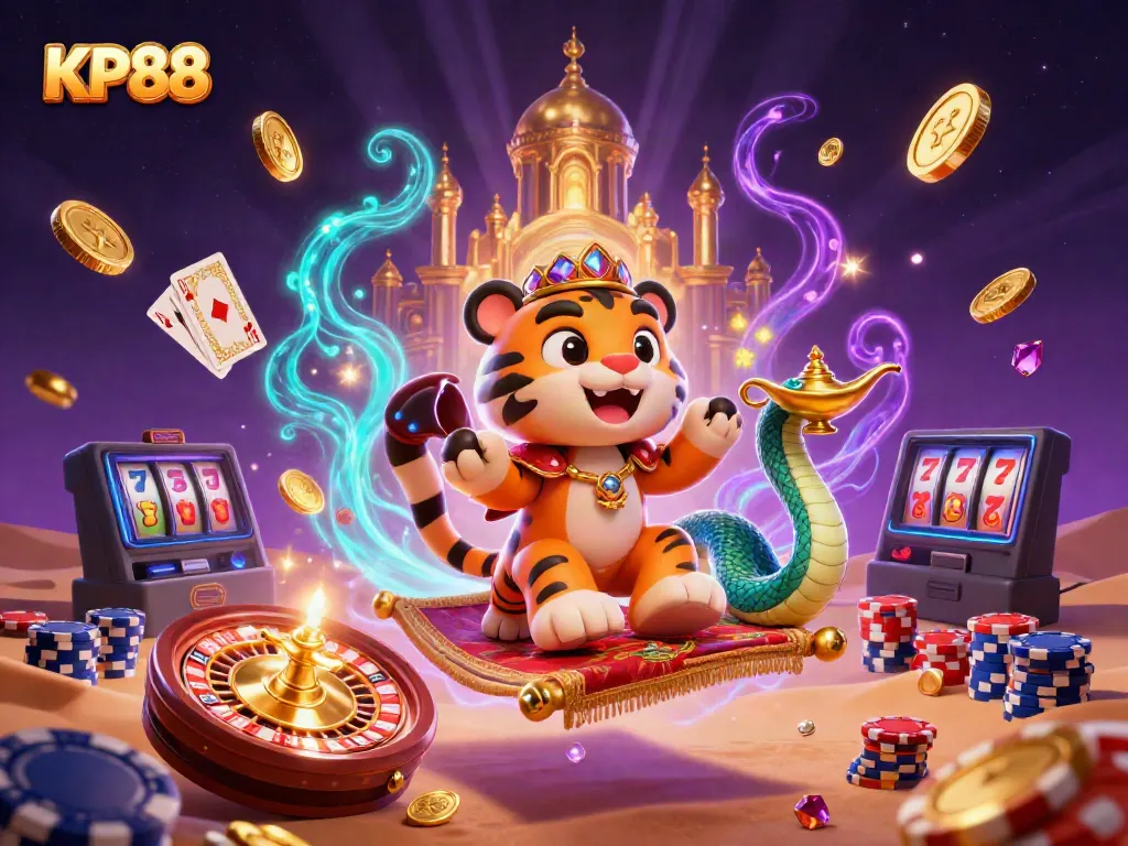 KP88 brings excitement with a 3D sultan flying on a carpet made of poker chips, amid sparkling gems.