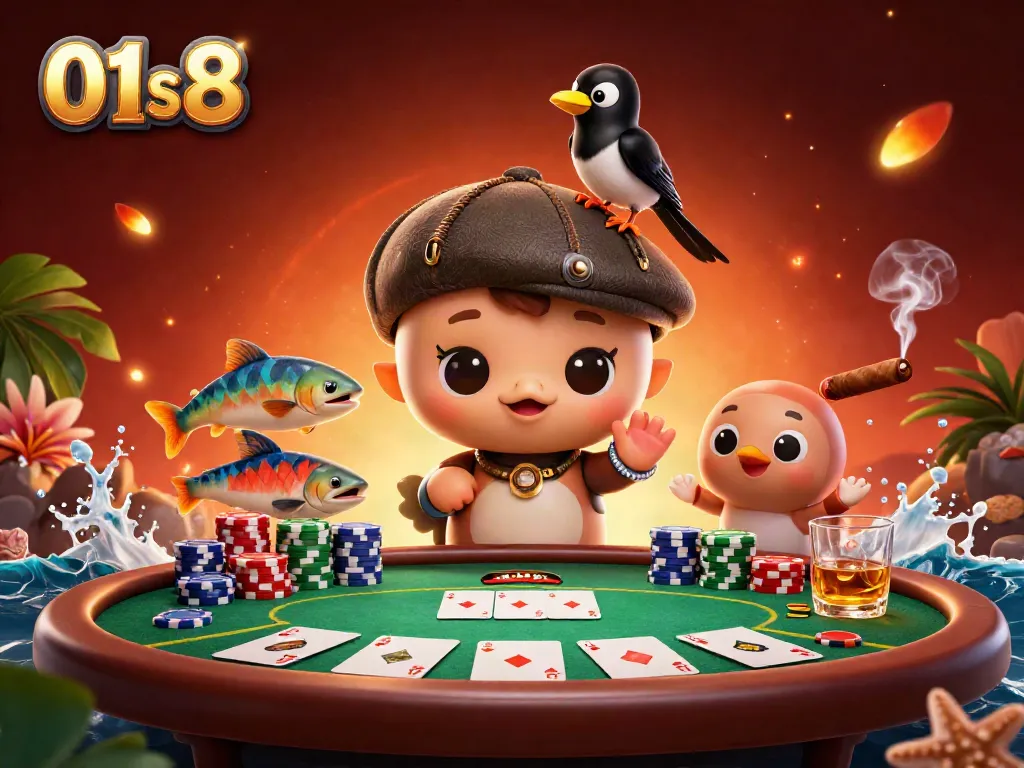 Experience the thrill of 01s8 with a vibrant casino scene featuring expressive characters and dynamic game elements.