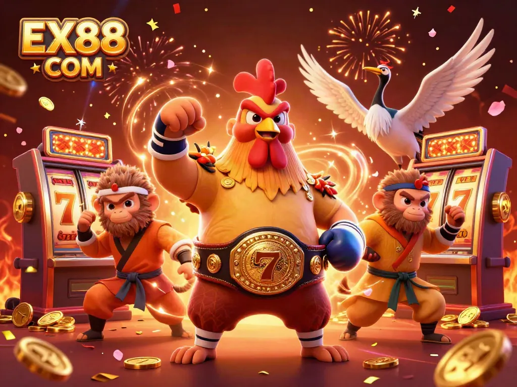Engage with the thrilling theme of EX88 COM as iconic characters celebrate wins amidst slot reels.
