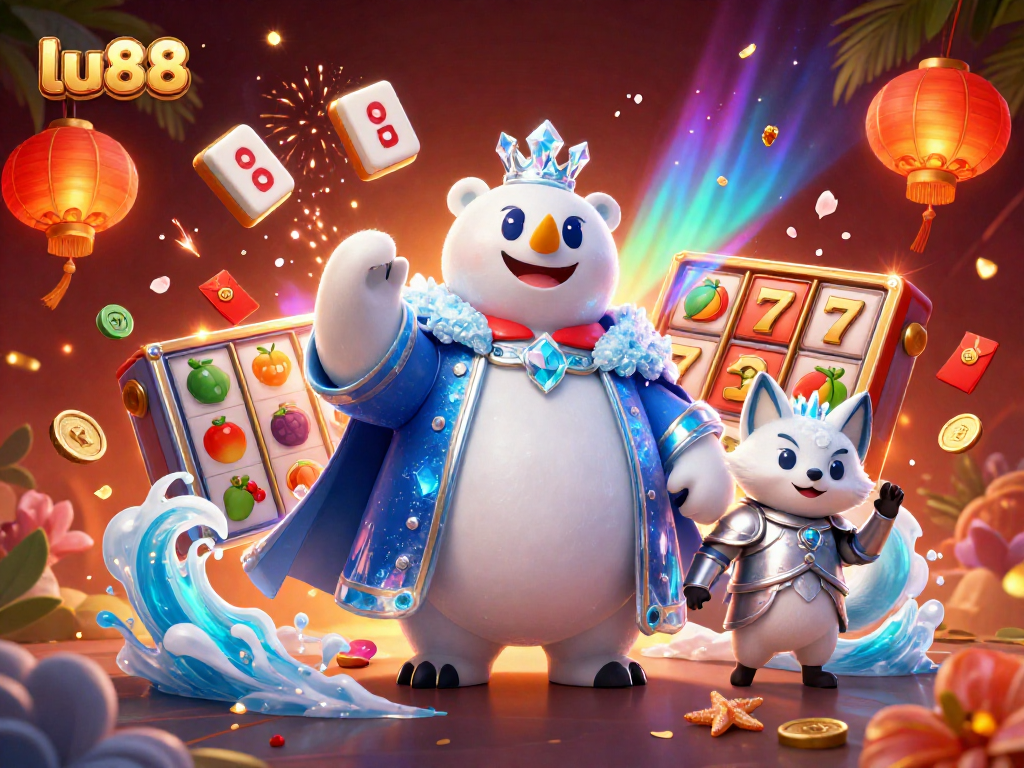 Spin the reels with lu88 amidst a vibrant 3D casino scene featuring a polar bear king.