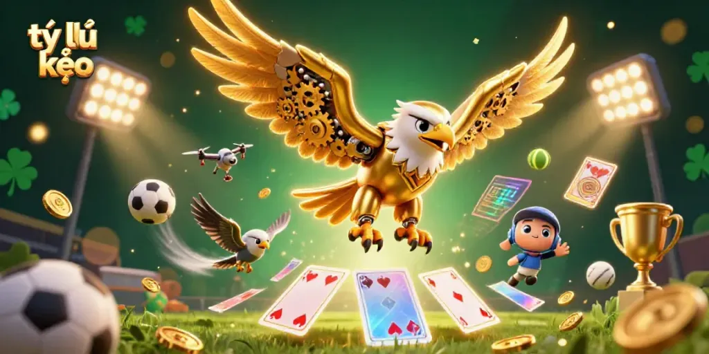 Experience the excitement of tỷ lệ kèo with a dynamic scene featuring a cybernetic golden eagle and sports elements.