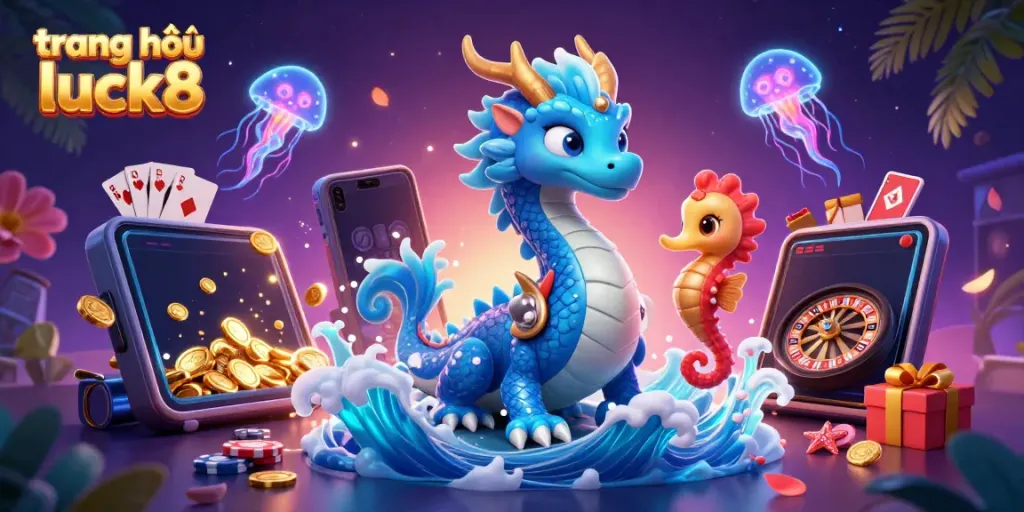 Experience thrilling gaming at trang chủ luck8 with colorful slot reels, a dragon, and dynamic casino elements.