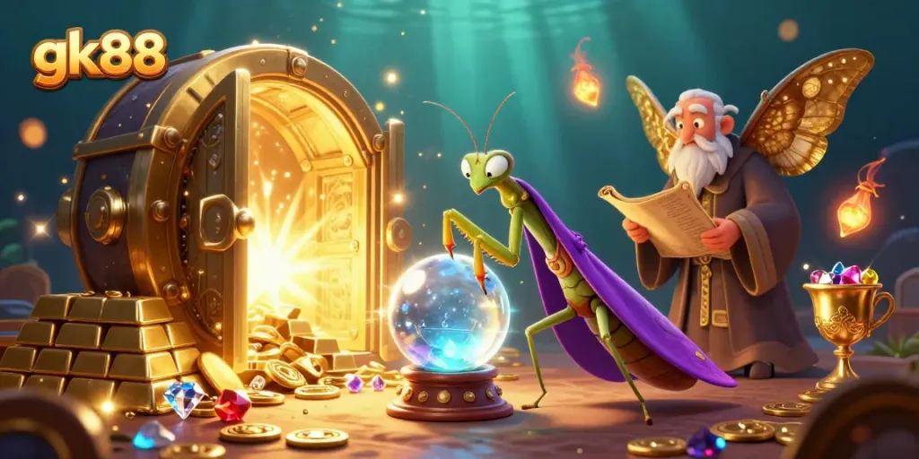Engage in magical gambling with gk88 at a vibrant casino scene featuring a fortune teller and treasures.