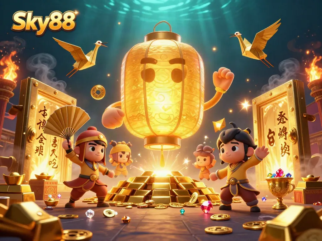Engage with Sky88's enchanting casino experience featuring vibrant animated characters and treasures.