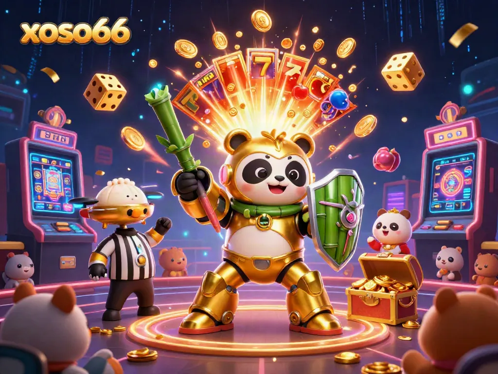 Engage in thrilling gaming with xoso66's vibrant casino scene featuring a golden panda and jackpot elements.