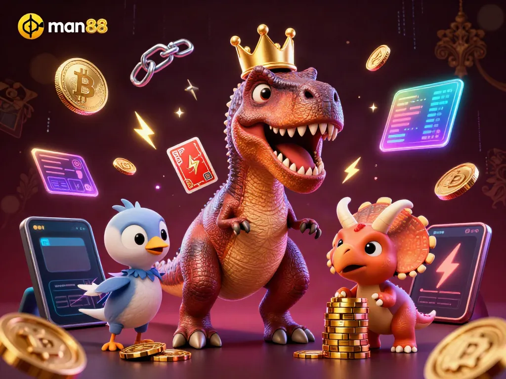 Engage with man88 gaming, featuring friendly dinosaur characters in a vibrant casino scene.