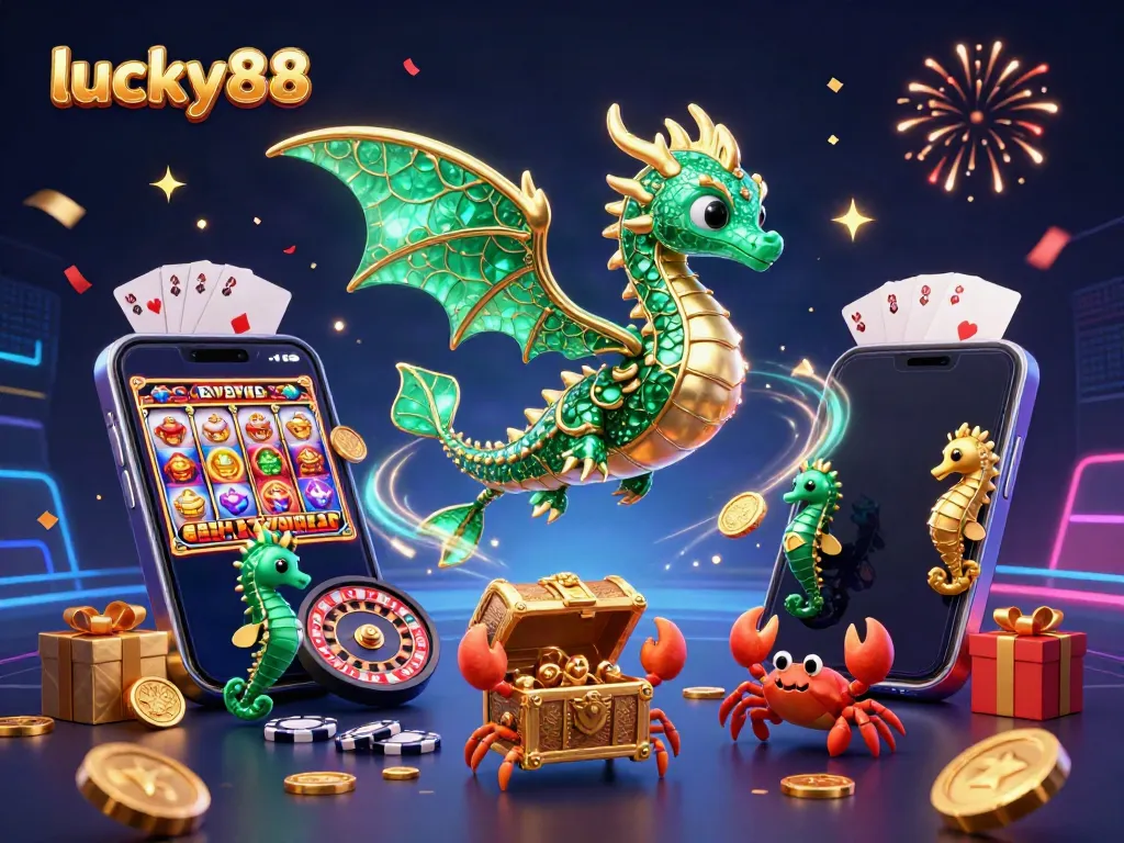 Win big with lucky88, featuring a vibrant scene of a sea dragon and casino elements for an exciting gaming experience.