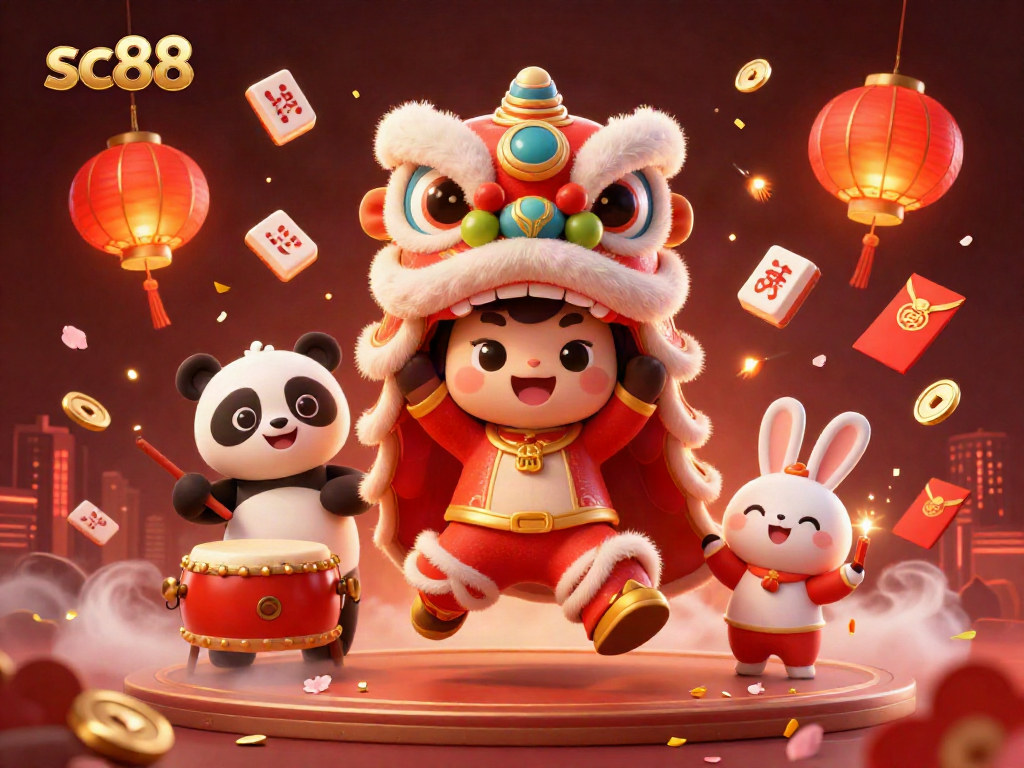 Experience the excitement of sc88 with vibrant lion dance action and Chinese decorations in a captivating casino scene.
