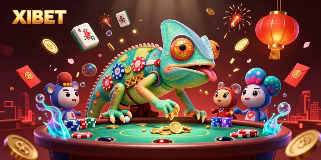 Experience the excitement of XIBET with a vibrant 3D illustration of a chameleon casino owner among dynamic gambling elements.