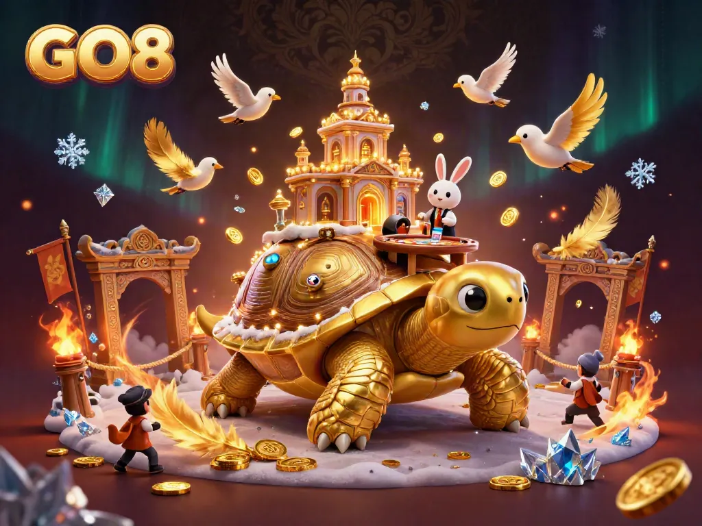 Experience the excitement at GO8 with a vibrant 3D casino scene featuring a golden tortoise and rabbit dealer.