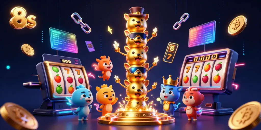 Win big with 8s at our vibrant casino featuring animated totem pole and dynamic game elements.
