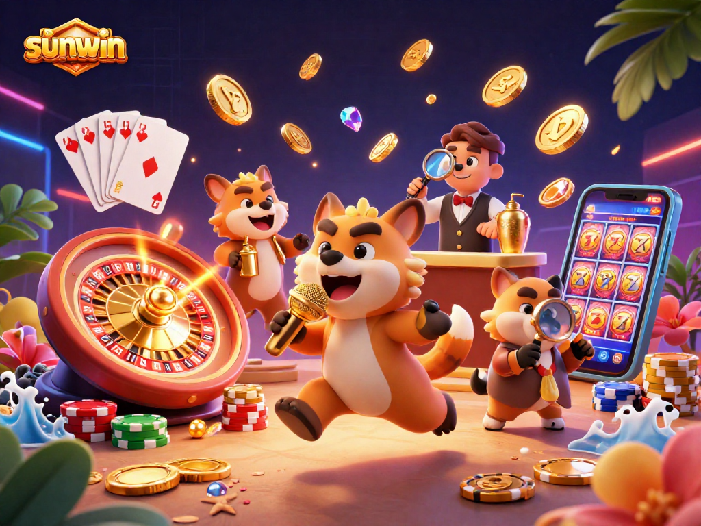 Sunwin hyenas in a lively comedy casino scene, mixing drinks and entertaining guests.