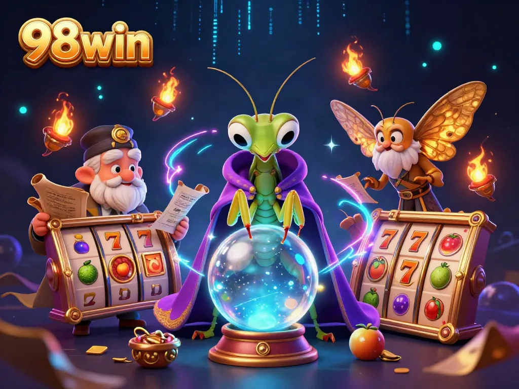 Experience exhilarating gameplay with 98win's vibrant illustration featuring a fortune teller and gaming symbols.