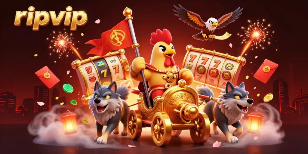 Experience thrilling gaming action with ripvip's lavish 3D illustration of a rooster warlord amidst vibrant casino elements.