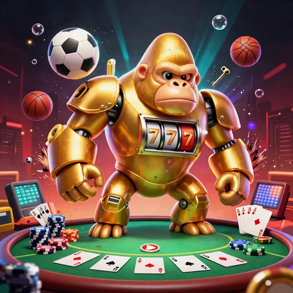 Golden gorilla mech with monkey pilot amid casino chips, cards, and sports balls in neon light.