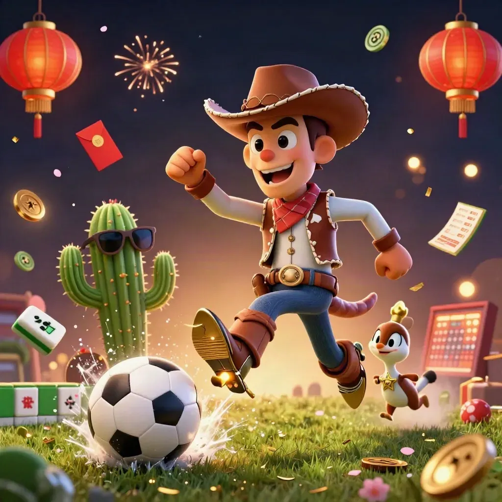 3D cowboy T-Rex, cactus, and roadrunner exploding around a soccer ball at kickoff.