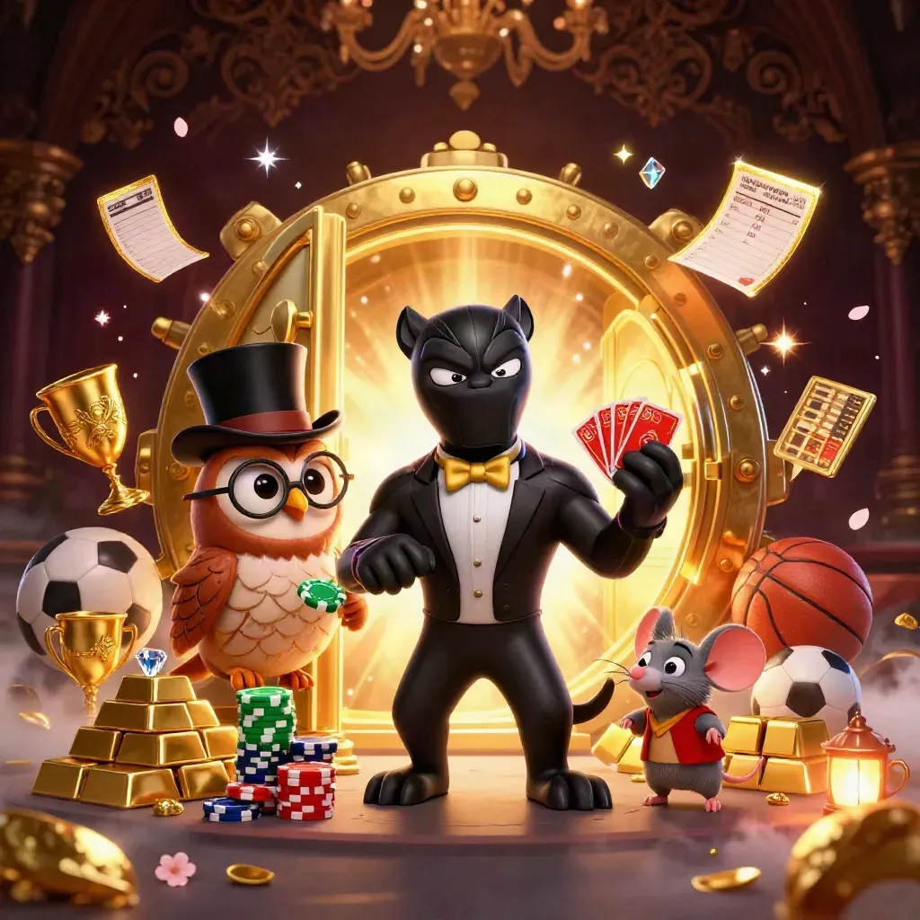 Panther, owl, and mouse in luxe vault scene with gold, gems, and glowing magic.