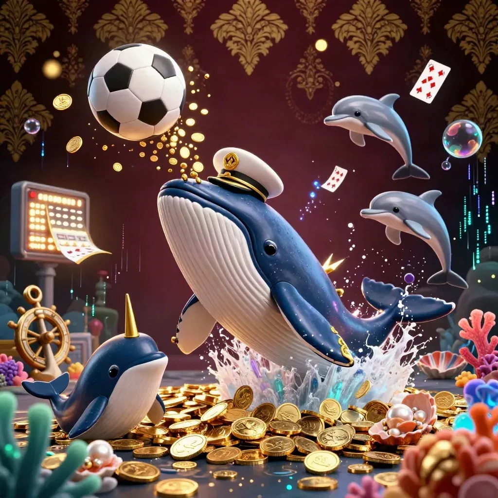 Whale captain, narwhal, and dolphins burst through coins in a luxe underwater casino cove.