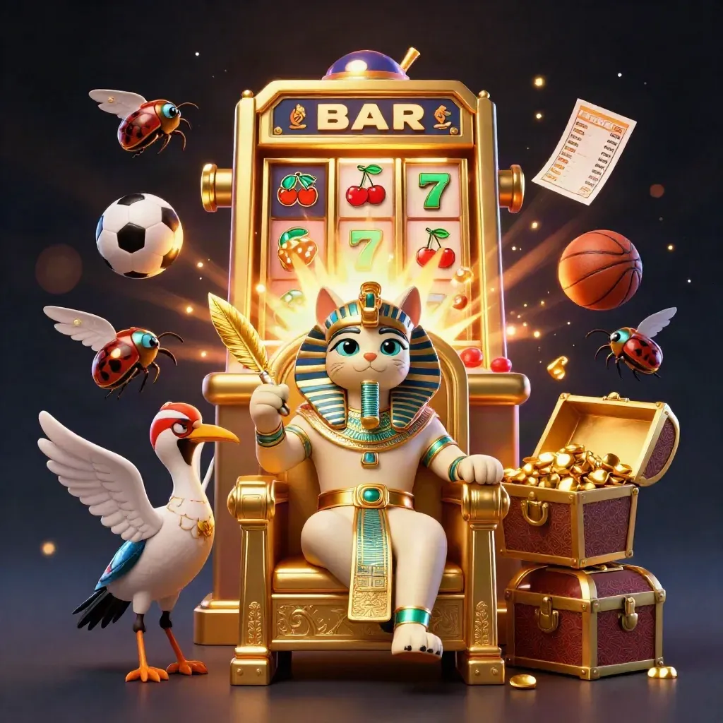 Pharaoh cat on throne amid slot burst, ibis, scarabs, gold, and sports betting icons.