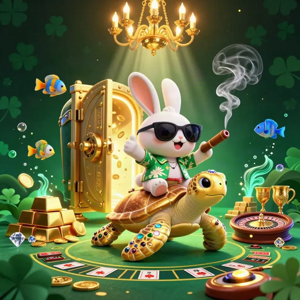 Lucky rabbit on gem turtle amid gold, vault light, and neon casino glow.