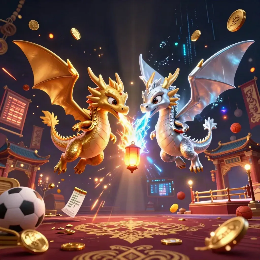 Gold and silver dragons swirl around a lantern spirit amid coins, banners, and a temple gate.