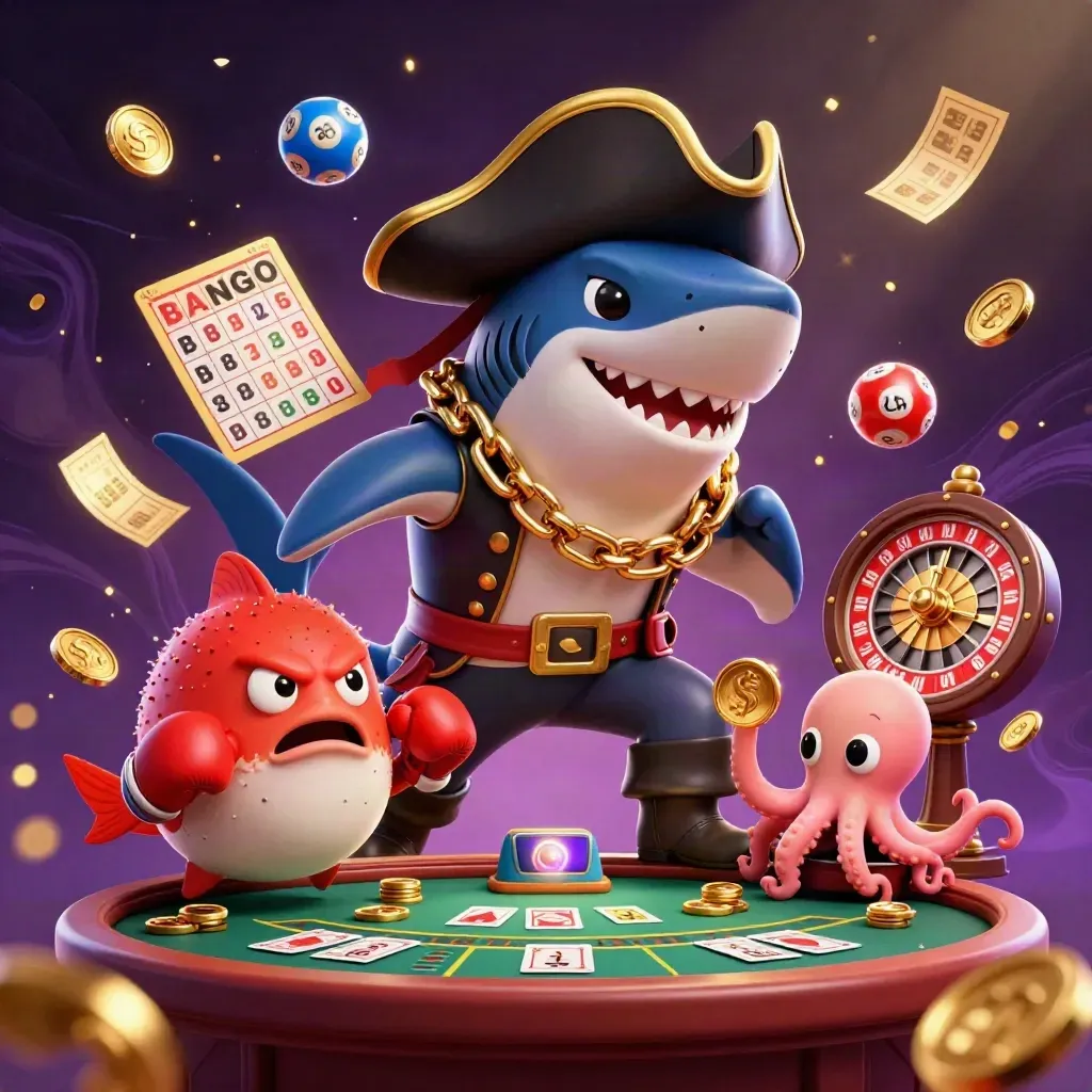 Pirate shark, red pufferfish, and juggling octopus amid casino magic and gold.