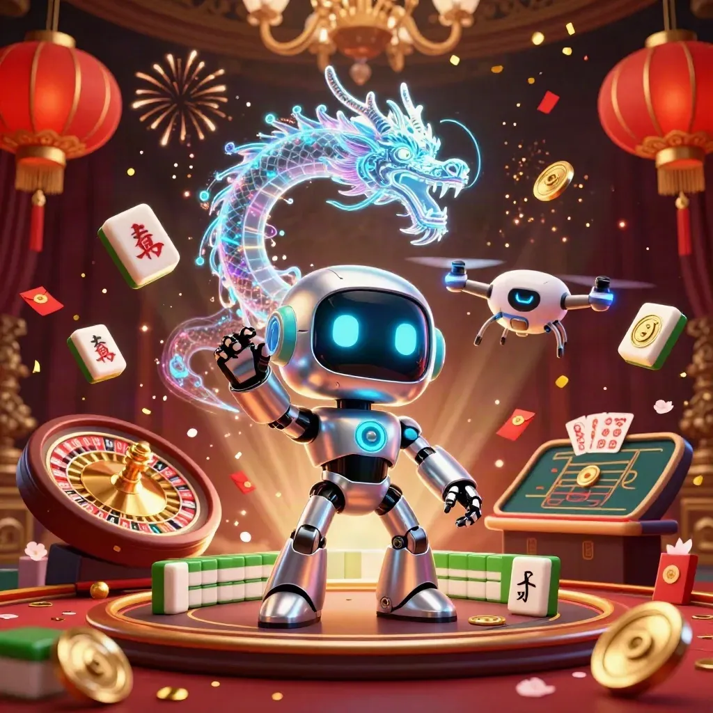 Cyberpunk robot, holographic dragon, and coin drone amid casino luck symbols.