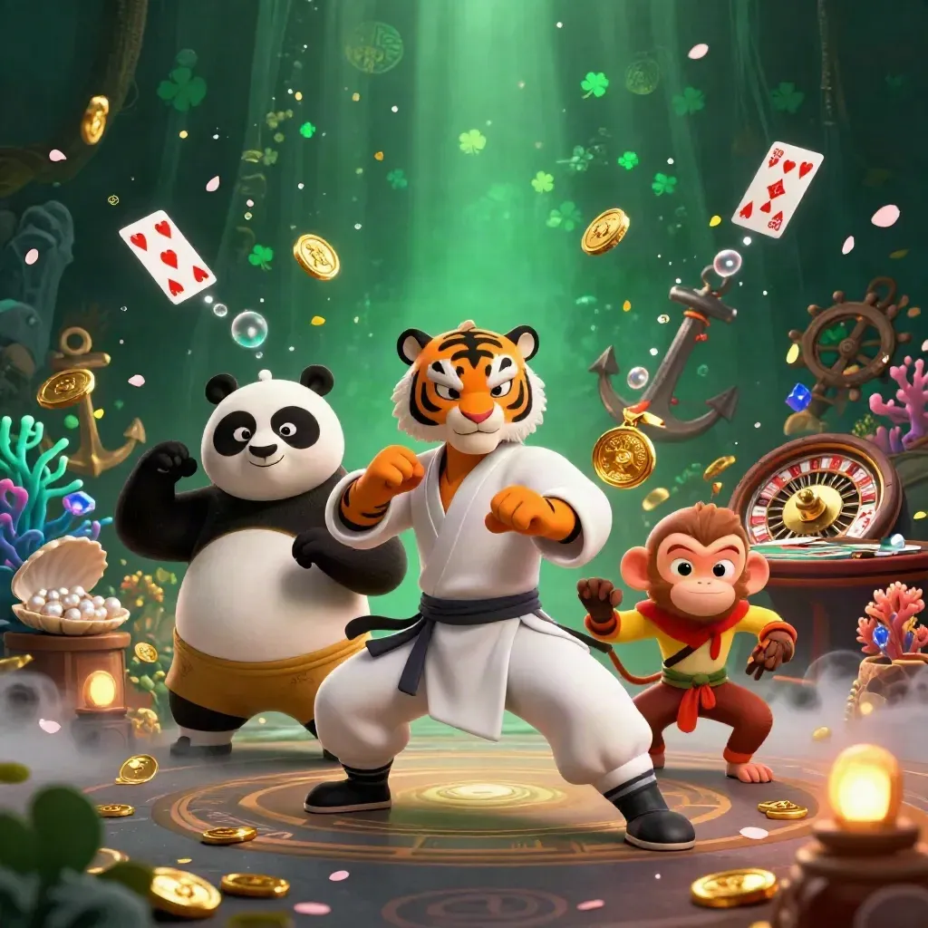 Kung-fu tiger, panda and monkey amid casino treasure cove, gold light, emerald backdrop