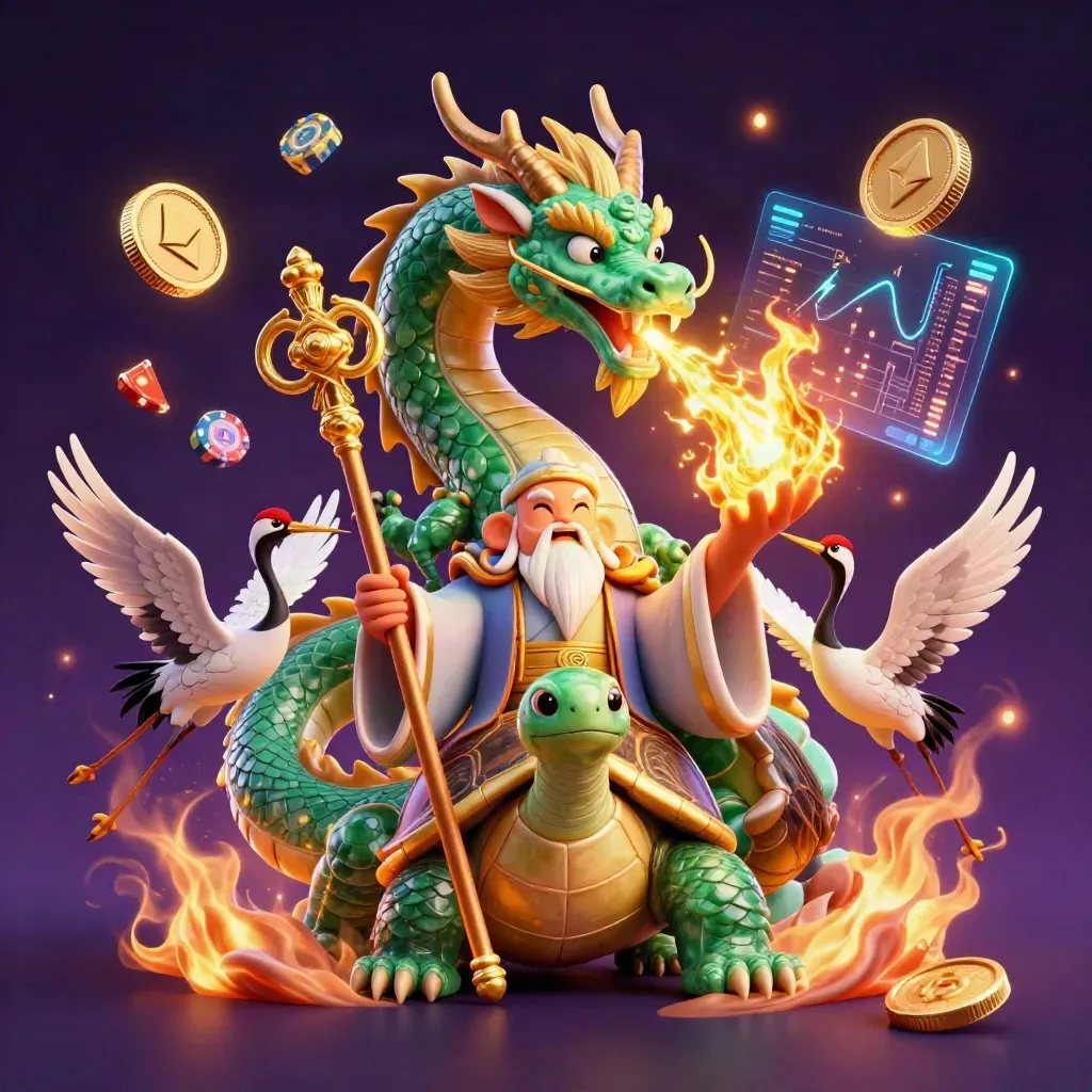 Emerald dragon, turtle sage, and cranes amid casino coins, fire, and neon energy.
