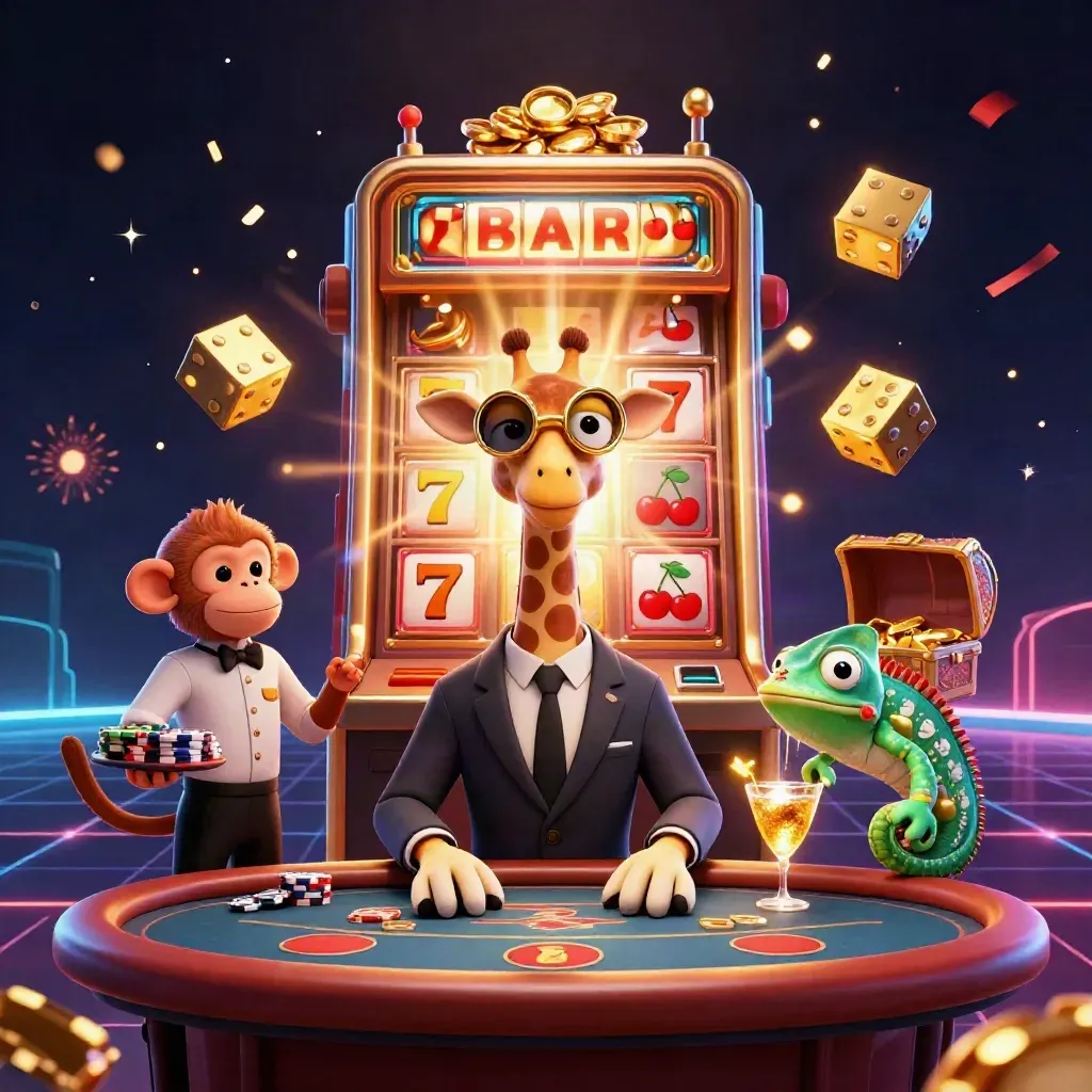 Giraffe, monkey valet, and chameleon in a luxe casino burst with gold, dice, and neon energy.