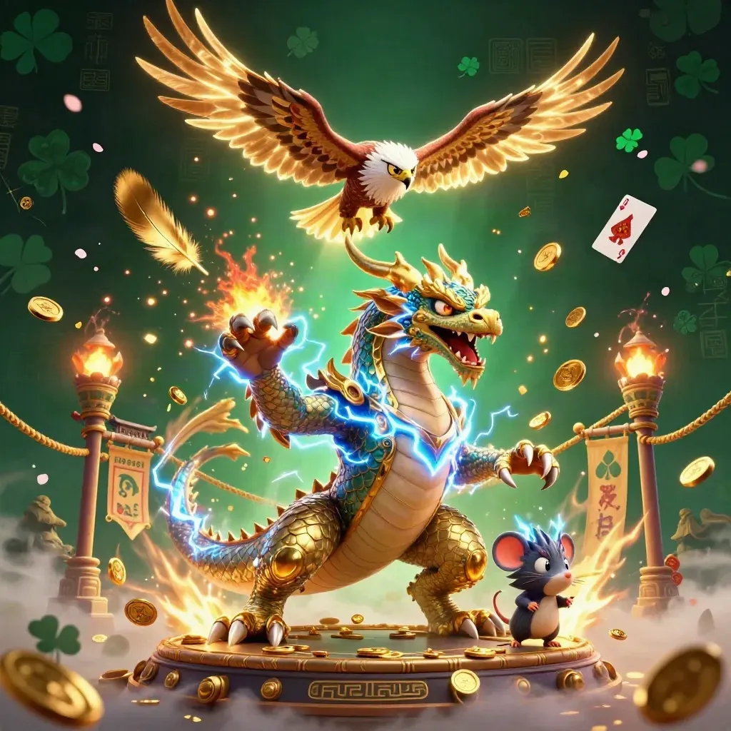 Thunder dragon, glowing hawk, and static mouse burst amid gold coins, petals, and a temple gate.