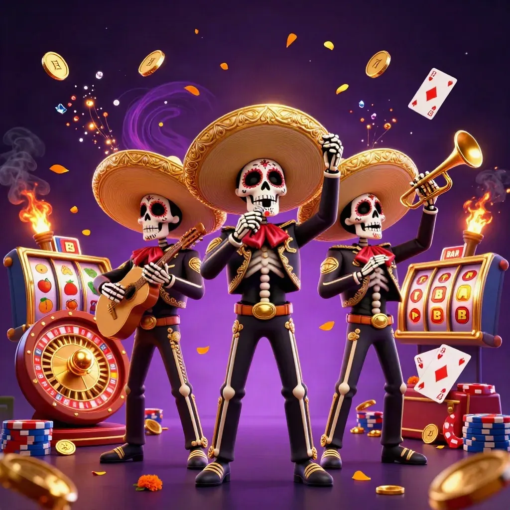 Skeleton mariachi trio amid casino riches, coins, roulette wheel, and glowing chips.