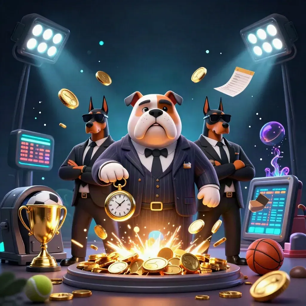 Bulldog casino boss with two Dobermans amid bursting coins, sports balls, trophy, and neon vault glow