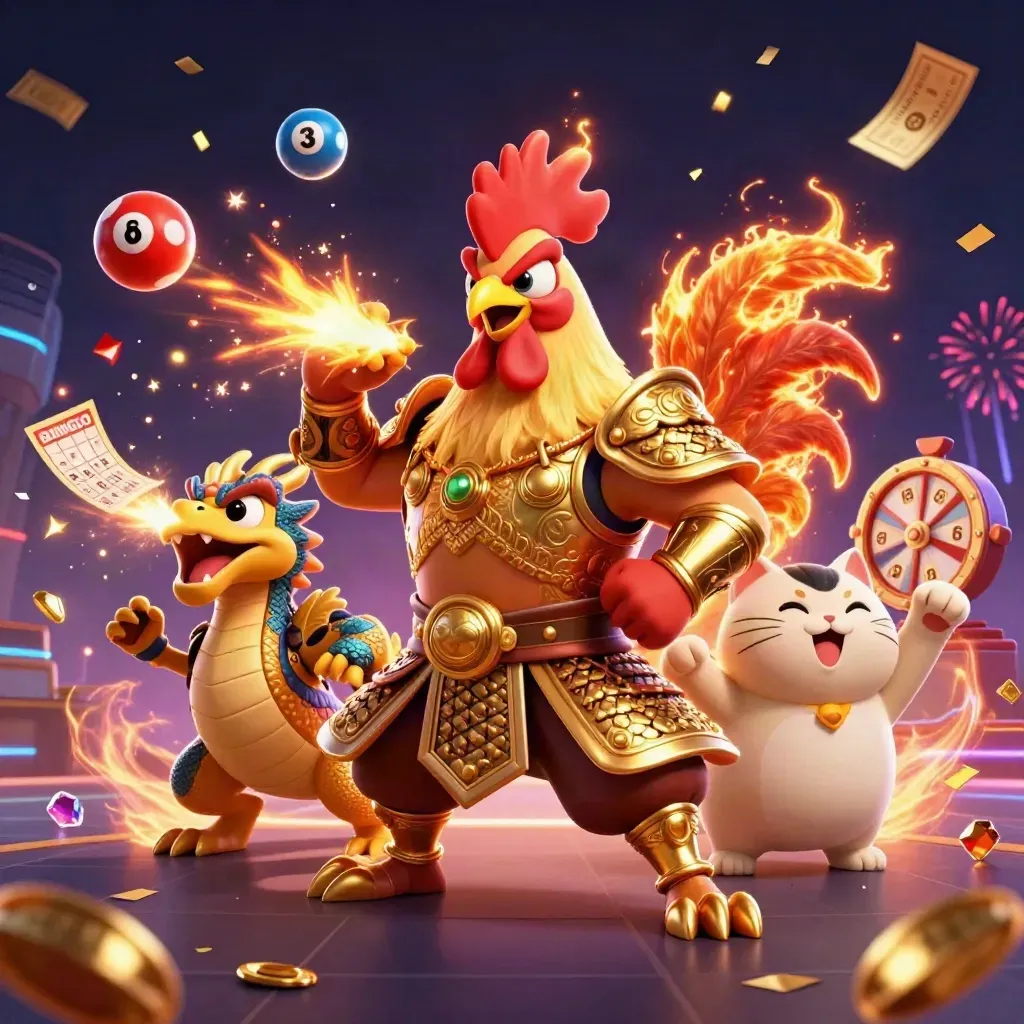 Rooster warrior, dragon hatchling, and fortune-cat amid casino bursts and neon gold effects.