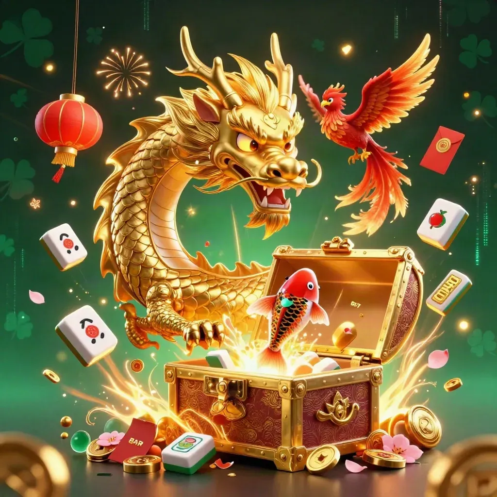 Golden dragon with phoenix and koi bursting treasure, neon casino fantasy key art