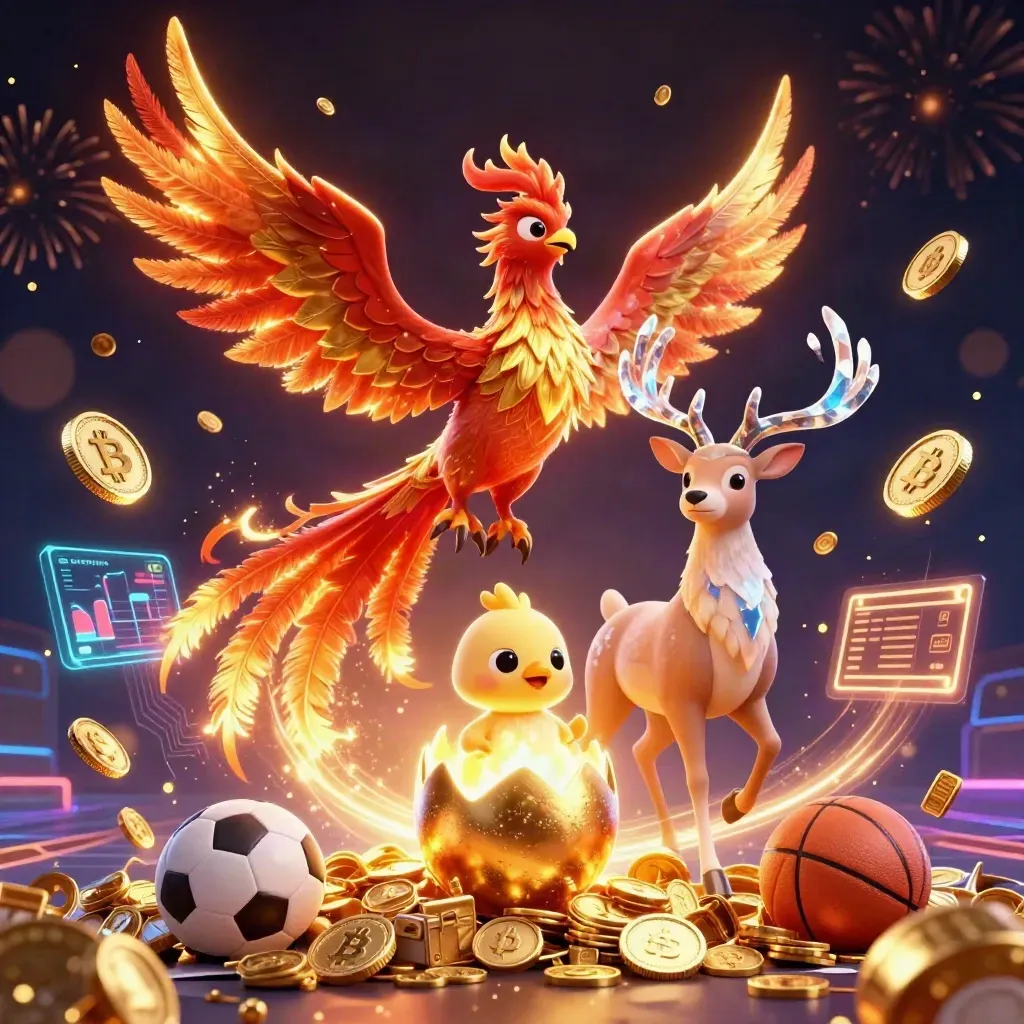Phoenix trio with vault burst, gold coins, crypto elements, and casino fireworks in luxe navy-gold neon.