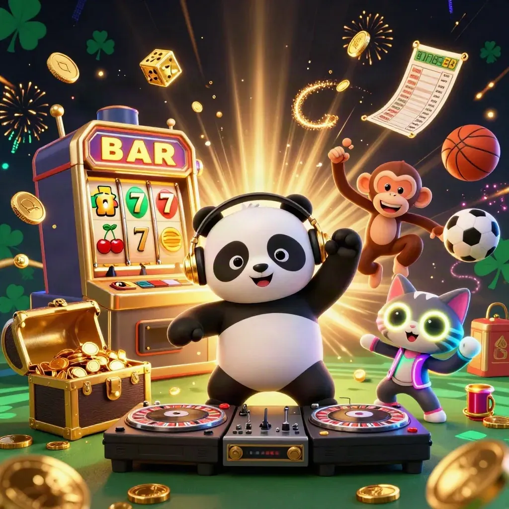 DJ panda, breakdancing monkey, and glow-stick kitten amid jackpot bursts, gold coins, and casino lights.