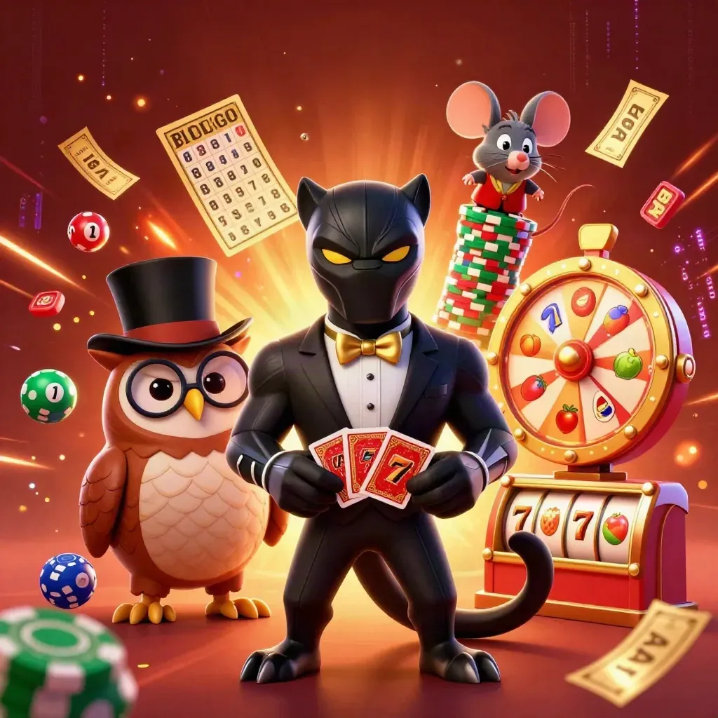 Panther, owl, and mouse in luxe casino action with chips, cards, reels, and glowing effects.