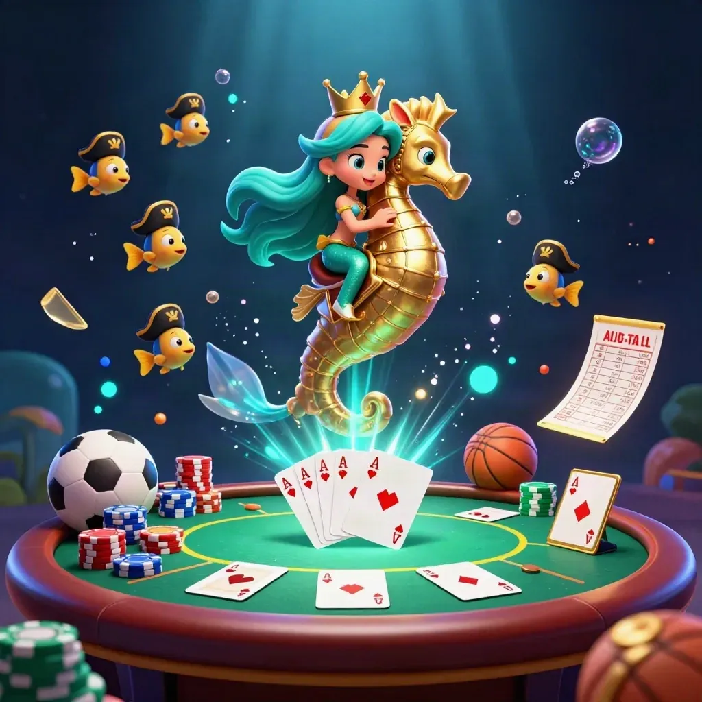 Mermaid princess on armored seahorse amid casino prizes, poker chips, sports bets, and glowing underwater effects.