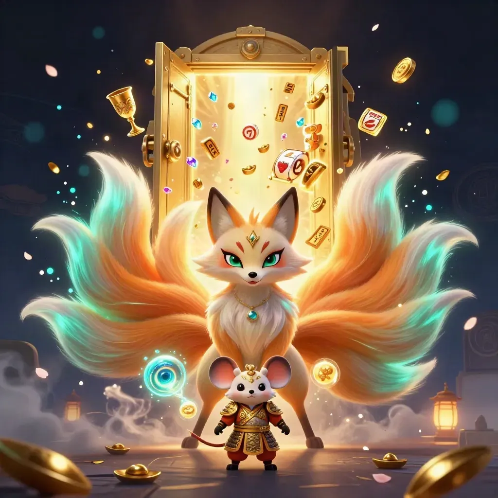 Nine-tailed fox spirit and armored mouse erupt from a vault with gold, gems, reels, and magic.