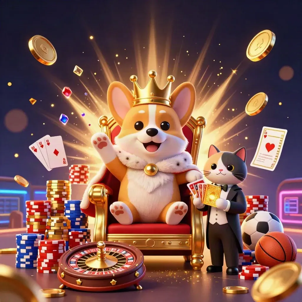 Royal corgi and cat butler amid coins, cards, chips, roulette, fireworks, and sports props.