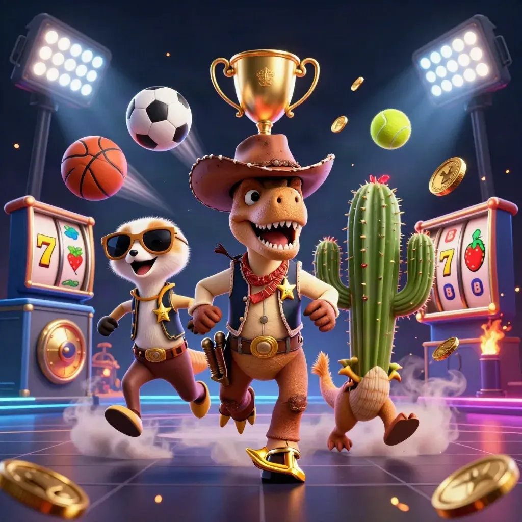 Cowboy T-Rex, cactus sidekick, and roadrunner amid casino props and flying sports balls.