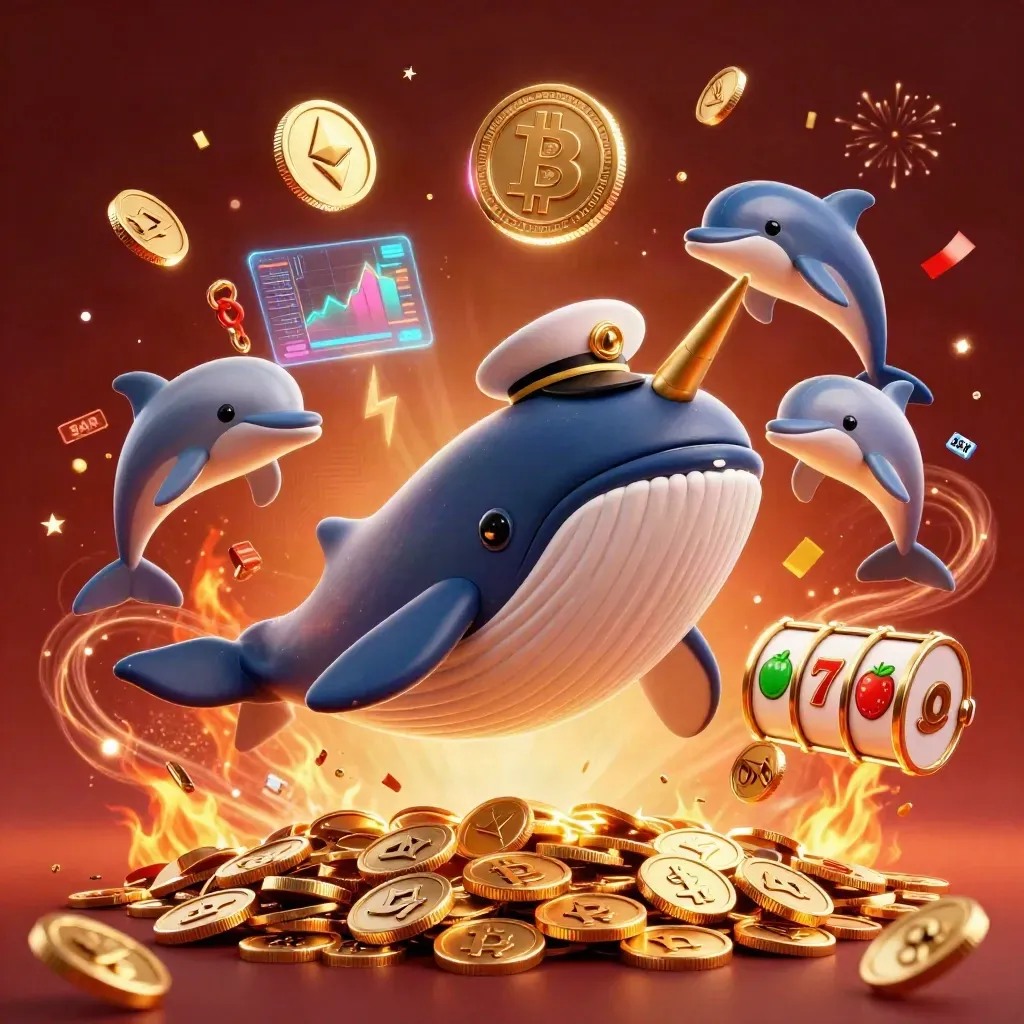 Captain whale, narwhal, and dolphins amid coins, crypto icons, embers, and casino effects