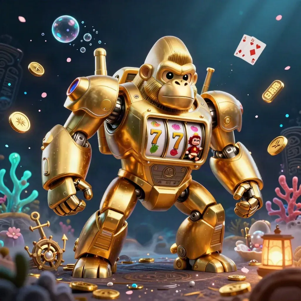Golden gorilla mech with tiny monkey pilot amid casino treasure cove effects