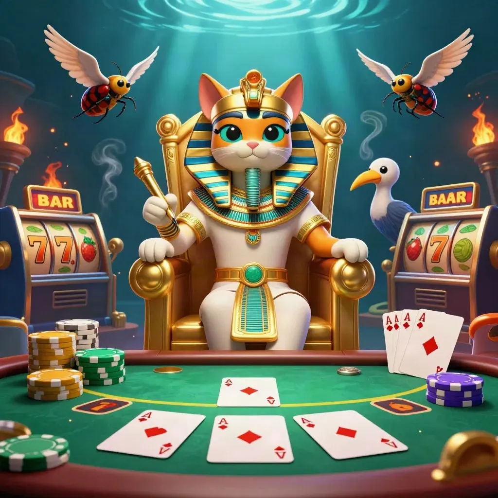 Pharaoh cat on throne with ibis scribe, scarabs, poker chips, and slot icons in luxe casino glow.