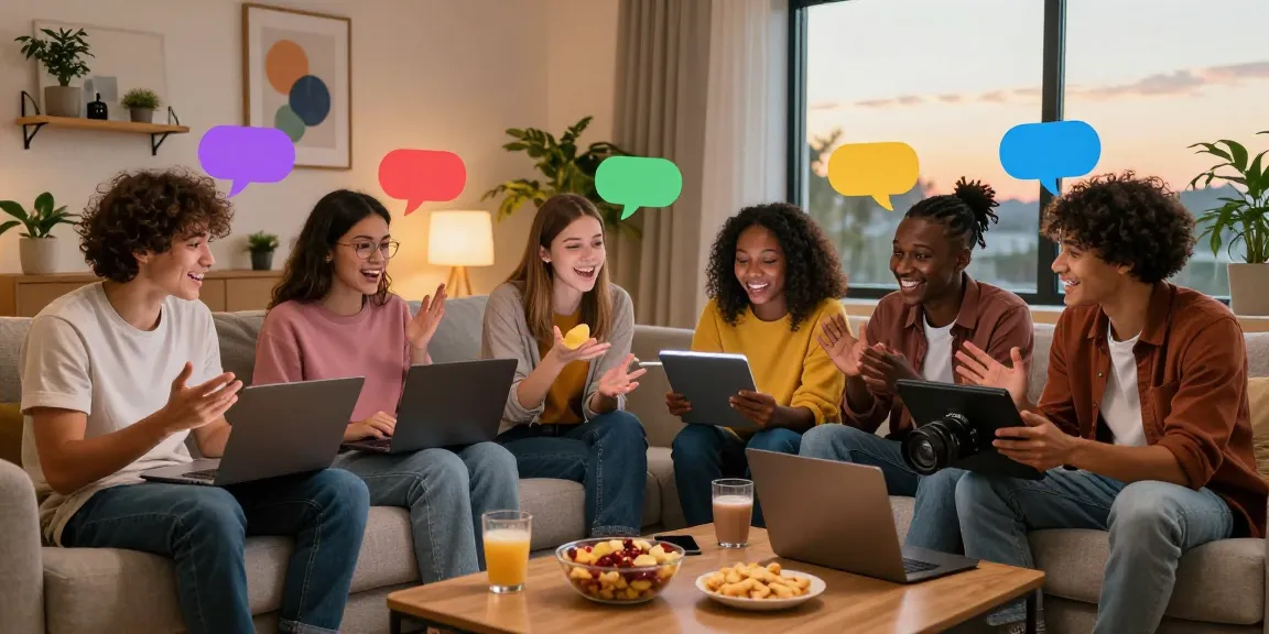 Engaging moment of friends enjoying juicy chat on cozy couch with vibrant visuals.
