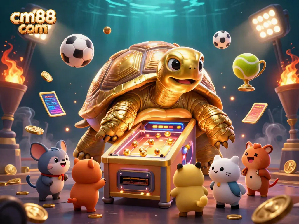 Experience excitement at cm88 com with this vibrant gambling-themed illustration featuring a golden tortoise pinball machine and sports elements.