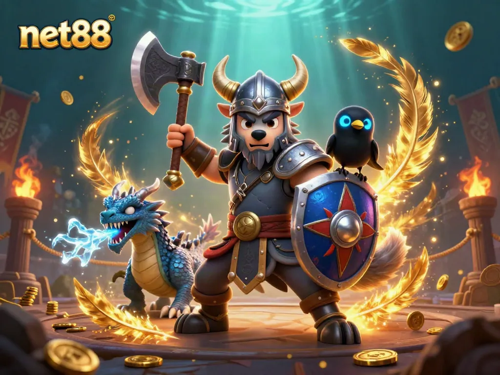 Experience thrilling bets with net88 as a heroic wolf and dragon engage in an epic arena.